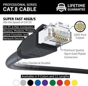 InstallerParts Ethernet Cable CAT8 Cable 35 FT - Black - Professional Series - 40Gigabit/Sec Network/High Speed Internet Cable for Router, Modem,Gaming/2000 MHZ, 24AWG InstallerParts Ethernet Cable CAT8 Cable 35 FT - Black - Professional Series - 40Gigabit/Sec Network/High Speed Internet Cable for Router, Modem,Gaming/2000 MHZ, 24AWG