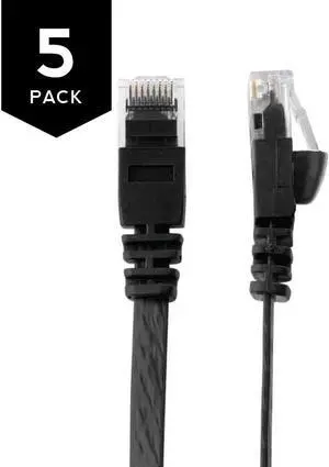 Buhbo 2 FT Cat6 Flat Ethernet Network Cable RJ45 (5-Pack), Black