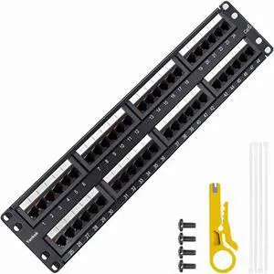 [CAT6 48 Port Patch Panel Supports Back CAT5/5e Rack/Wall Mount 19in.x2U Unshielded Color-Coded T568A/B Wiring (Come with Mini Punch Down Tool)