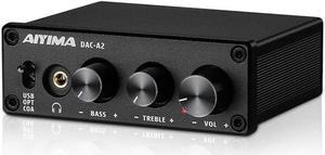DAC-A2 Headphone Amplifier DAC with Bass Treble Controls PC-USB/Optical/Coaxial Inputs, RCA/3.5mm Headphone Ouput Digital to Analog Desktop Audio Converter 5V 24Bit 192kHz