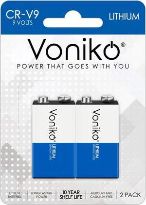 Voniko Lithium Batteries 9 Volt 2 Pack  9V Lithium Batteries  Long Life Smoke Detector Batteries 10 Years Shelf Life - 9 Volt Battery for Smoke Alarms and Medical Equipment