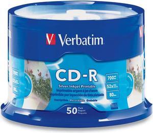 Verbatim 700MB 52x 80 Minute Inkjet Printable Recordable Disc CD-R - 50 Disc Spindle, Silver 95005