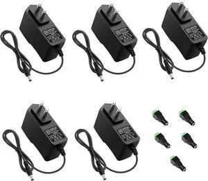 12V 1A Power Supply AC Adapter 100-240V 50-60Hz to DC 12 Volt Transformer 12W Replacement Power Cord 5.5 x 2.5mm/2.1mm Tip for CCTV Security Camera DVR NVR System Router LED Strip (5 Pack)