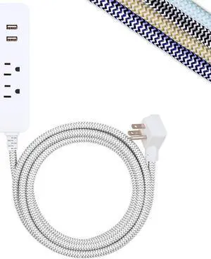 Cordinate Surge Protector Power Strip, 2 Outlet Surge Protector, 10 Ft Braided Cord Power Strip, Surge Protector with USB Ports, 3-Prong Flat Plug Power Strip, Surge Protector Outlet, White, 41691