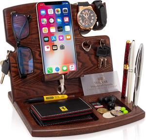 TESLYAR Gifts for Men Wood Phone Docking Station Fathers Gift Desk Organizer Nightstand Gifts for Dad Gifts for Him Birthday Anniversary Xmas Gifts Mens Gift Ideas Key Holder Wallet Stand