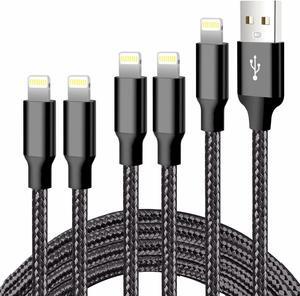 iPhone Charger 5 Pack 3/3/6/6/10FT Apple MFi Certified USB Lightning Cable Nylon Braided Fast Charging Cord Compatible for iPhone 14/13/12/11/X/Max/8/7/6/5/SE/Plus/iPad - Black