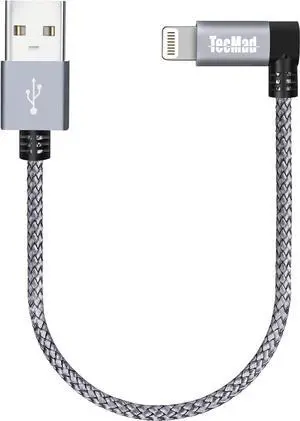 TecMad 0.65ft Short iPhone Charger Cord [C89 MFi Certified] 90 Degree Ligthning Cable, Nylon Braided for iPhone 14/14 Pro, AirPods Pro, iPhone 13/13 Pro/12, iPad Pro and More (Grey)