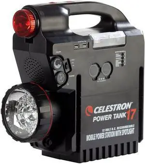 PowerTank 17 Telescope Battery  Rechargeable Portable 12V Power Supply for Computerized Telescopes  204 Wh Power  Builtin AM/FM Radio, Siren, 2 USB Ports, Cigarette Lighter Adapter
