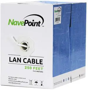 NavePoint CAT5e (CCA), 250ft, White, Solid Bulk Ethernet Cable, 24AWG 4 Pair, Unshielded Twisted Pair (UTP) NavePoint CAT5e (CCA), 250ft, White, Solid Bulk Ethernet Cable, 24AWG 4 Pair, Unshielded Twisted Pair (UTP)