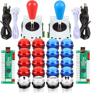 2-Player Arcade DIY Kit Parts: 2 Oval Joystick Handles + 20 LED Arcade Buttons (Red & Blue Kit) 2-Player Arcade DIY Kit Parts: 2 Oval Joystick Handles + 20 LED Arcade Buttons (Red & Blue Kit)