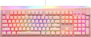 i-rocks K71M RGB Mechanical Gaming Keyboard with Media Control Knob, Switches (Brown), 107 Keys w/Full NKRO, PBT Keycaps, Multimedia Hotkeys, Detachable USB-C Cable and Onboard Storage, Pink