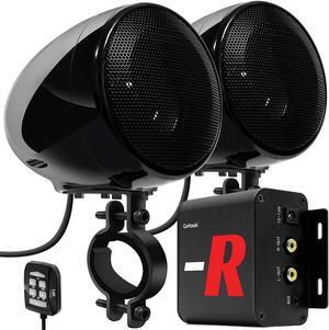 TN4-R Amplifier 4" Full Range Waterproof Bluetooth Motorcycle Stereo Speakers 1 to 1.5 in. Handlebar Mount Audio Amp System Harley Touring Cruiser ATV UTV RZR, AUX, FM Radio