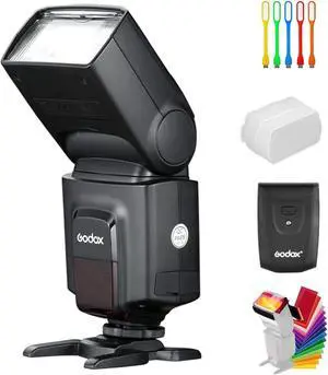 Wireless 433MHz GN33 Camera Flash Speedlite with Built-in Receiver with RT Transmitter Compatible for Canon Nikon Sony Olympus Pentax Fuji DSLR Cameras with Diffuser + Filters + USB LED