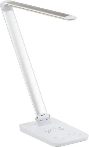 Safco 1009SL, Pivoting Neck, Built-in Wireless, USB Port Vamp LED Lamp with Charging Pad, Silver, 16" D x 5" W x 16.75" H