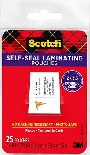 Scotch Self Sealing Laminating Pouches, Business Card Size, 25 Laminating Sheets