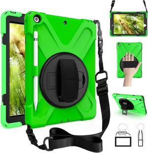 iPad 9th Generation Case, iPad 8th/7th Generation 10.2 Case with Pencil Holder Kickstand Hand Strap and Shoulder Strap Rugged Shockproof Case for iPad 10.2 inch 2021/2020/2019 (Green)