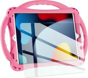 TopEsct Kids Case for iPad 10.2 inch - Shockproof Silicone Cover with Tempered Glass Screen Protector and Strap - Compatible with iPad 9th/8th/7th Gen (2021)" (Pink)