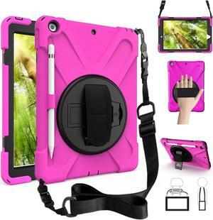 iPad 9th Generation Case, iPad 8th/7th Generation 10.2 Case with Pencil Holder Kickstand Hand Strap and Shoulder Strap Rugged Shockproof Case for iPad 10.2 inch 2021/2020/2019,Rosered