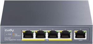 Cudy GS1005P 5 Port Gigabit Ethernet Unmanaged PoE+ Switch, with 4 x PoE+ @ 60W, Desktop/Wall, Sturdy Metal Fanless Housing, 802.3af, 802.3at, Shielded Ports, Traffic Optimization, Plug and Play