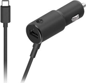 TurboPower 36 Duo USB-C Car Charger- 18W USB-PD Fixed Type C Cable + 18W QC3.0 Port - Simultaneous Turbo Charging for Moto G Power/Stylus/Fast G6 G7 Power/Supra X4 Z Edge/Edge+/Razr/One 5G
