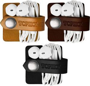 Cord Organizer Earbud Holders Earbud Case Earphone Earbud Headphone Organizer Cord Winder Earphone Wrap Winder Leather Headset Organizer (Black&Coffee&Orange Set of 3)