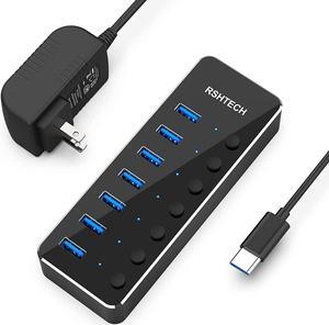 Powered USB Hub RSHTECH Type C to 7 Port USB 3.0 Data Port Hub Expander Aluminum Portable Splitter with Universal 5V AC Adapter and Individual On/Off Switches for Laptop and PC(Black)