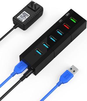 Powered USB 3.0 Hub, K&ZZ 6-Port USB Hub Splitter with 4 Faster Data Transfer Ports + 2 Smart Charging Ports, Multiport USB Hub 3.0 Powered for Mac, PC, Laptop, Black