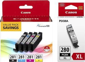 Canon CLI-281 BKCMY 4-Color Ink Tank Value Pack (2091C005) + Canon PGI-280 XL Pigment Black Ink Tank (2021C001)