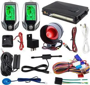 EC204 2 Way car Alarm System with PKE Passive keyless Entry, Rechargeable LCD Pager Display & Remote Trunk Release, Shock Warning DC12V