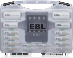 EBL Black Batteries Box Include : Rechargeable 8 AA Batteries + 4 AAA Batteries + 40Min iQuick Battery Charger and 2Pcs C/D Converters with Battery Storage Organizer