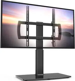 Universal Swivel TV Stand/Base Table Top TV Stand 27 to 55 inch TVs 80 Degree Swivel, 4 Level Height Adjustable, Heavy Duty Tempered Glass Base, Holds up to 99lbs Screens, HT04B-001