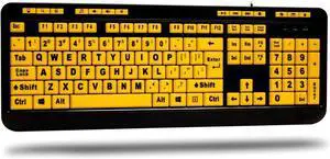 Adesso AKB-132UY Luminous 4X Large Print Desktop Keyboard - USB, Membrane Keys, Black with Fluorescent Yellow Keys