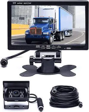 7" Backup Camera with Monitor Kit, Waterproof 18 IR LED Night Vision Reverse Camera + Rear View Monitor Vehicle Parking System for RV Bus Trailer Truck (65ft 4-Pin Aviation Video Cable)