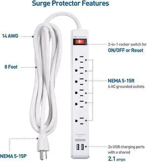 Cable Matters 2-Pack 6-Outlet Surge Protector Power Strip with USB Ports, 8 ft, ETL Listed, Long Extension Cord, Surge Protector with USB Ports in White