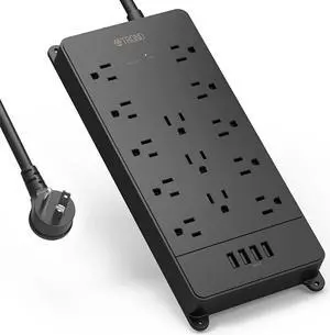 4000J Power Strip Surge Protector, ETL Listed, Good Product Outlet 13 Widely-Spaced Outlets Expansion with 4 USB Ports, Low-Profile Flat Plug, Wall Mountable, 5ft Extension Cord, 14AWG Heavy Duty, Bl