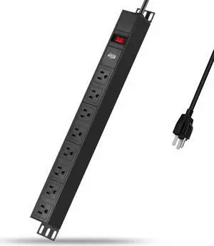 KMC 8-Outlet Metal Power Strip Surge Protector, Rack Mount PDU, Metal Mounting Brackets, 6 Foot Extension Cord, 1800 Joules, 125V/15A, Black