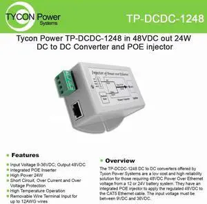 Tycon Systems TP-DCDC-1248 48V POE Out 24W DC to DC Converter and POE Inserter