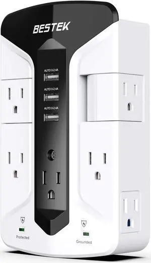 BESTEK 7-Outlet Wall Tap Surge Protector Power Strip with Swivel Outlets, 3 USB Charging Ports, 900 Joule Surge Suppression, Top Phone Holder