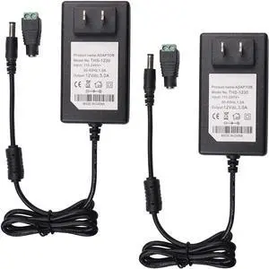 Quentacy 12V 3A Power Supply Adapter AC/DC Converter 110V 240V to 12V Transformer 36W 5.5x2.1mm DC Female Barrel Connector for LED Strip Lights CCTV Camera DVR NVR Audio/Video Wall Plug 2Pack