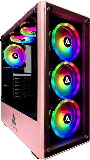 Apevia Genesis Pro G-PRO-PK Mid Tower Gaming Case with 2 x Tempered Glass Panel, Top USB3.0/USB2.0/Audio Ports, 6 x RGB Fans, Pink Frame