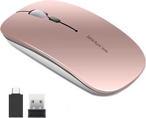 Q5 Slim Rechargeable Wireless Mouse, 2.4G Portable Optical Silent Ultra Thin Wireless Computer Mouse with USB Receiver and Type C Adapter, Compatible with PC, Laptop, Desktop (Rose Gold)