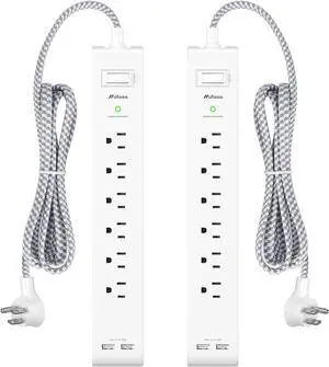 2 Pack Power Strip, 12FT Long Extension Cord, Surge Protector with 6 Outlets and 2 USB Charging Ports, Flat Plug Overload Protection, Extension Cord 10+ ft, Wall Mount for Home Office Dorm College