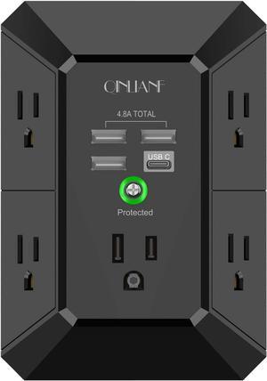 USB Wall Charger, Surge Protector, QINLIANF 5 Outlet Extender with 4 USB Charging Ports (4.8A Total) 3-Sided 1680J Power Strip Multi Plug Outlets Wall Adapter Spaced for Home Travel Office, Black