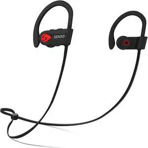 Senso Bluetooth Headphones, Best Wireless Sports Earphones w/Mic IPX7 Waterproof HD Stereo Sweatproof Earbuds for Gym Running Workout 8 Hour Battery Noise Cancelling Headsets (Black Red)
