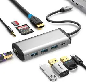 USB C Hub, 8 in 1 USB C Adapter with 4K HDMI,RJ45 1000Mbps Ethernet Port,3 USB 3.0 Ports,TF/SD Card Slots,87W PD,3.5mm Audio Port for MacBook and Type C Laptops