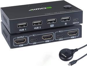 KVM Switch, USB Switch 4K HDMI Switcher Box 2 In 1 Out For 2 Computers Share Keyboard And Mouse Support 4K @30Hz, Not support Hotkey, With HUB Ports