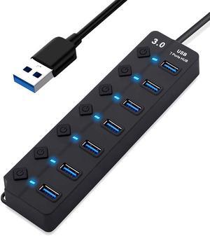7-Port USB 3.0 Hub with Individual Power Switches and Lights, High-Speed Data Hub Splitter Portable USB Extension Hub for PC Laptop and More (No Power Adapter)