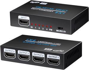 HDMI Splitter 1 in 4 Out, 1x4 Hdmi Splitter Audio Video Distributor Box with AC Adaptor, Duplicate/Mirror Screen Monitor, Supports 4K x 2K & 3D Resolutions