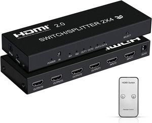 4K @60Hz HDMI Switch Splitter 2 in 4 Out with Remote, 2x4 HDMI Splitter Switcher 4K with SPDIF & 3.5mm Audio, Support 4K, 3D, 1080p, HDCP2.2, HDR 10 for PS4, Xbox, Fire Stick, etc