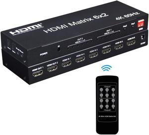 2.0 HDMI Matrix 6x2 Switch Splitter 6 Inputs to 2 Outputs HDR 4K @60Hz RGB/YUV 4:4:4 SPDIF Optical + 3.5 mm Jack Audio Output with Remote Control